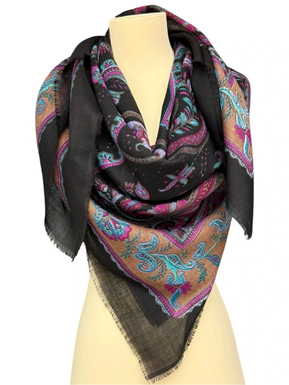 Vintage Lord & Taylor Black Paisley Large Wool Shawl Scarf Black, Fuchsia & Teal